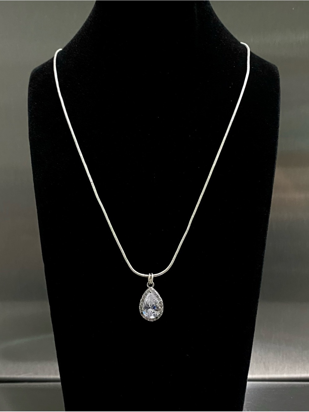 CZ Teardrop Pear Halo Crystal Pendant Necklace + Silver-Tone Snake Chain